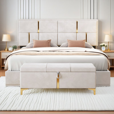 2-Pieces Bedroom Sets, Upholstered Platform Bed With Hydraulic Storage System,Storage Ottoman With Metal Legs,Beige by Mercer41