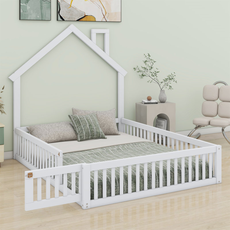 Wood House Platform Bed With Guardrail, White