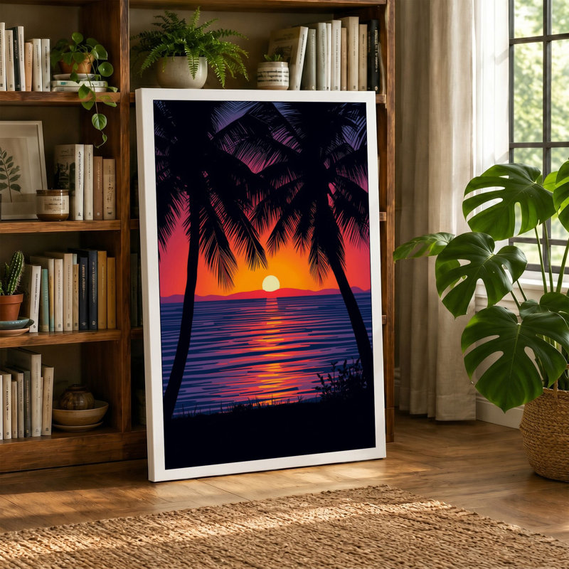 Tropical Sunset Reflection Coastal - Wrapped Canvas, 18x12 - 45.7 x 30.5 cm, Taupe Border