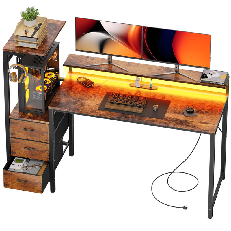 Metal Base Computer Desk with Power Outlet, Brown/Black, 116cm. H x 152cm. W x 50cm. D