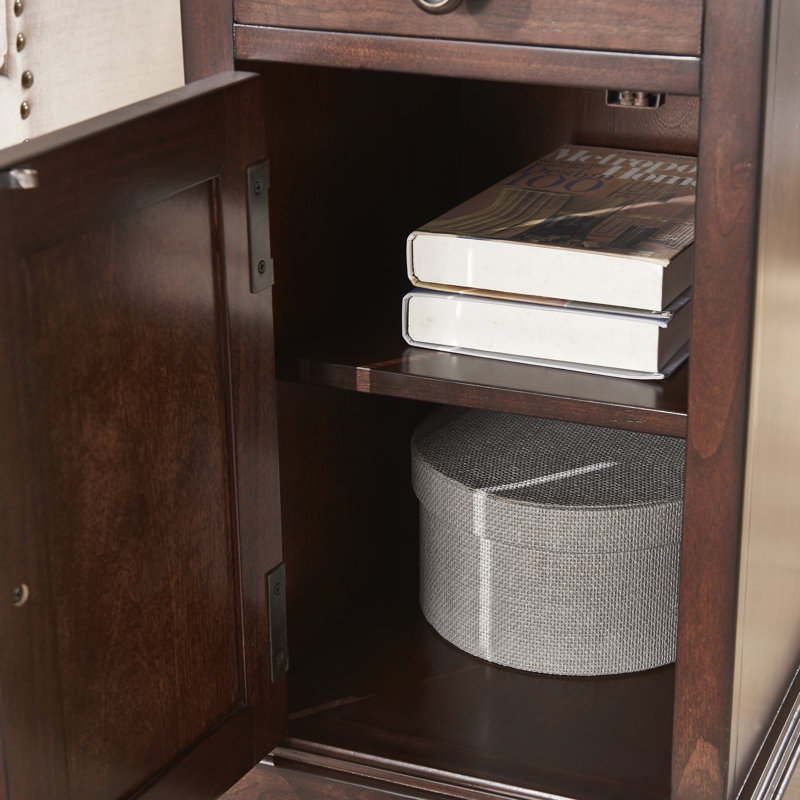 Saldana Solid Wood Top End Table with Storage and Built-In Outlets, Dark Brown