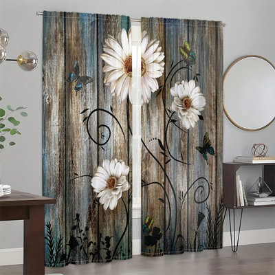 2Pcs Daisy Floral Curtains on Background, Rod Pocket Panels, Butterfly Print, Rustic Farmhouse, Digital Printed Polyester, for Living Room Bedroom Kitchen Dining Window Treatment Home Decor