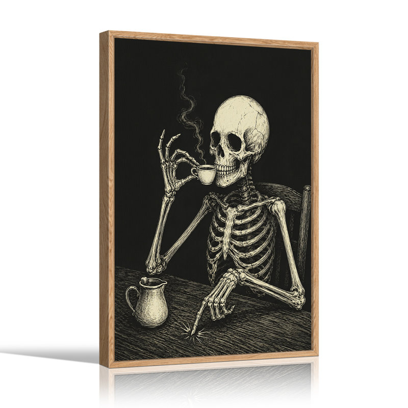 Squelette buvant une tasse de café, reproduction d'art rétro sur toile d'Halloween, H 48 po x l 36 po