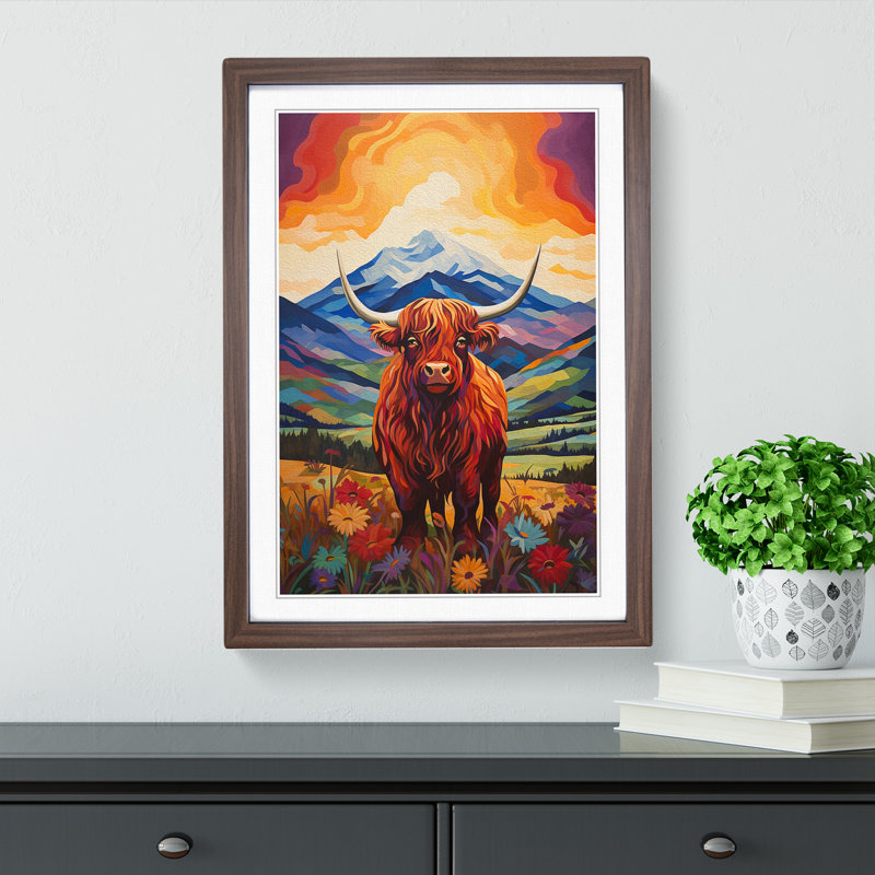 Highland Cow Art Deco No.2 - Single Picture Frame Print on Wood