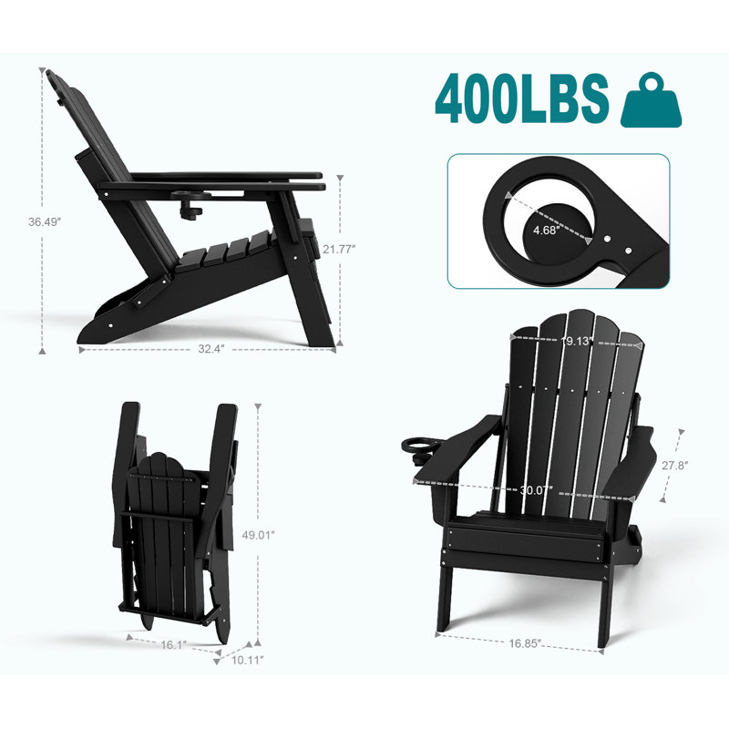 Adirondack Chair Set of 6, Folding HDPE Patio Chairs with Cup Holder, 400LBS Heavy Duty Fire Pit Chairs for Large Garden, Deck, Resort, Commercial Use