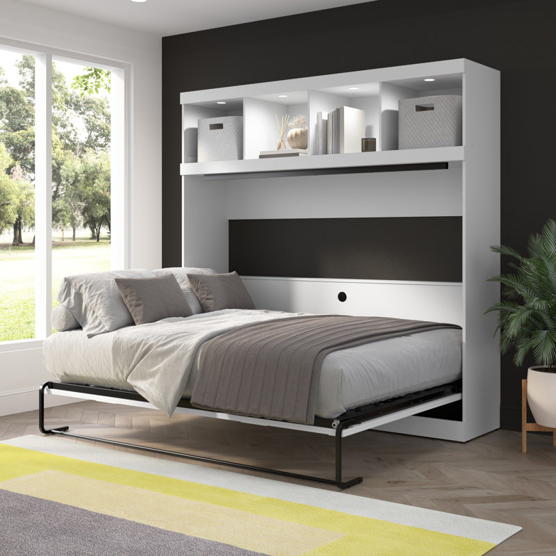 85W Queen Horizontal Murphy Bed With Overhead Storage In White, White, Queen