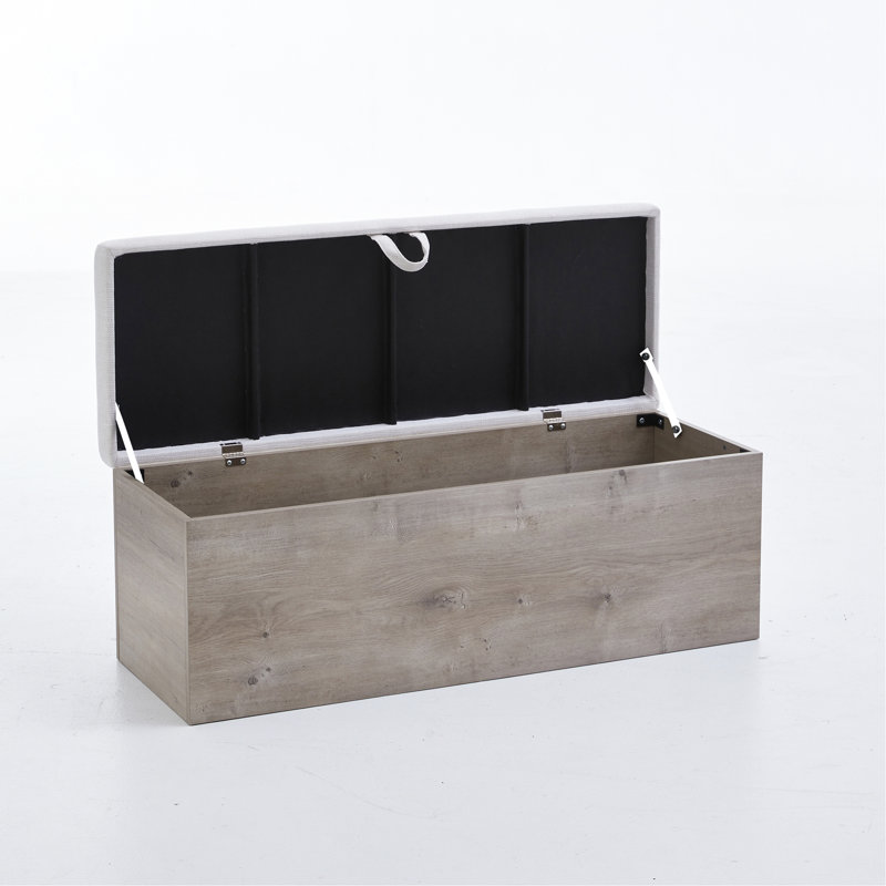 Banc en toile texturée en chenille avec plateau rabattable et base en bois - idéal pour la chambre à coucher, facile à assembler, toile de rangement rembourrée d'apparence neutre, sièges de chambre à coucher, style moderne
