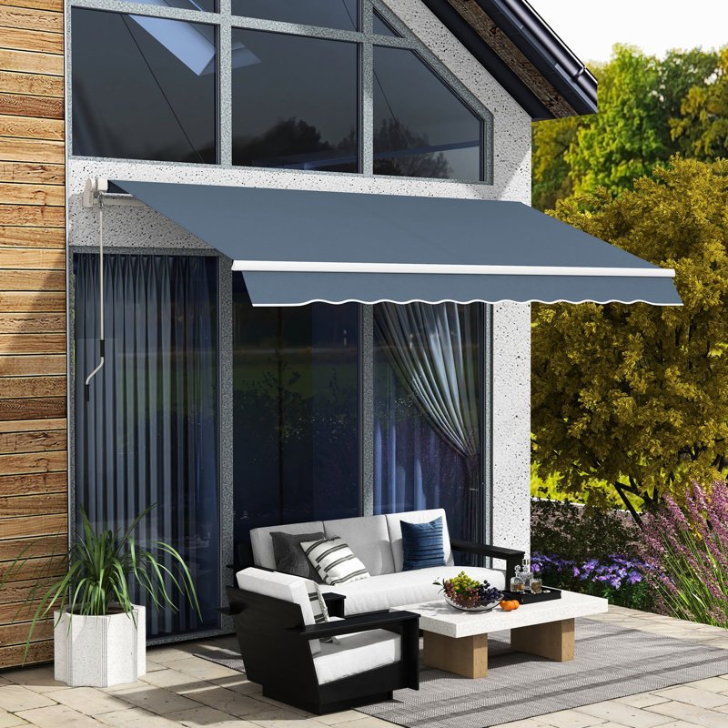 Retractable Awning 12' X 10'. Sun Shade With Manual Crank. & Water- Fabric. Aluminum Frame For Various Locations. Charcoal Gray 10' Yard - Water Crank Deck, Balcony, Patio,