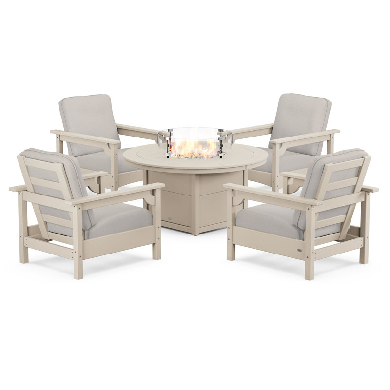 Club 5-Piece Conversation Set with Fire Pit Table, Sand, Cast Ash