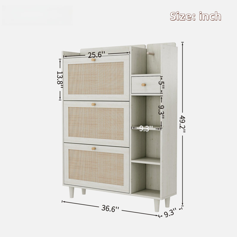 Bohemia Style Shoe Cabinet With 3 Rattan Flip Drawers, 3 Square Shelves And 1 Storage Drawer And Key Hooks, Antique White