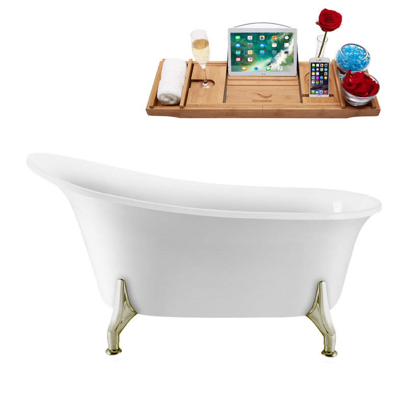 59" Streamline Clawfoot Soaking Acrylic Bathtub With Drain, Clawfeet, and Bamboo Tray, Matte Black, Brushed Nickel