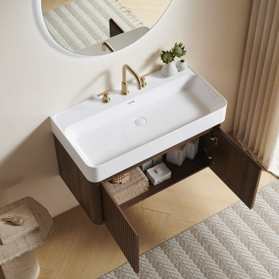 Meuble-lavabo LORAN 36 avec lavabo intégré, meuble de rangement suspendu, lavabo intégré en surface solide blanche brillante avec 3 trous pré-percés pour robinetterie, démonté, robinetterie et bonde non inclus, couleur noyer.
