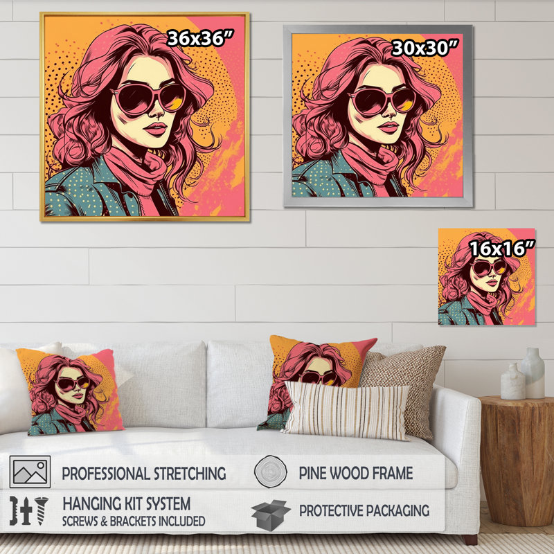 Portrait d'une femme pop rose des années 1950 II, H 16 po x l 16 po x P 1 po, Cadre flottant doré