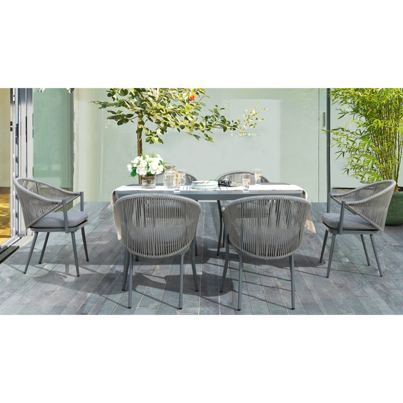 7-piece Aluminum Outdoor Dining Set, 1 Dining Table And 6 Woven Rope Chairs With Seat Cushions, Gray