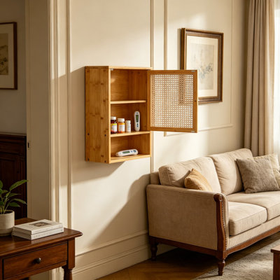 Armoire à pharmacie en bambou fixée au mur avec portes en rotin et tablette réglable, rangement au-dessus de la toilette pour salle de bain, cuisine, buanderie, salon, naturel