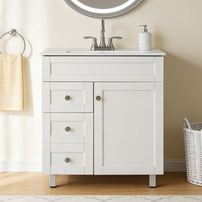 30" Free-standing Single Bathroom Vanity Set with Ceramic Sink - Modern White Cabinet with 2 Soft-Close Drawers