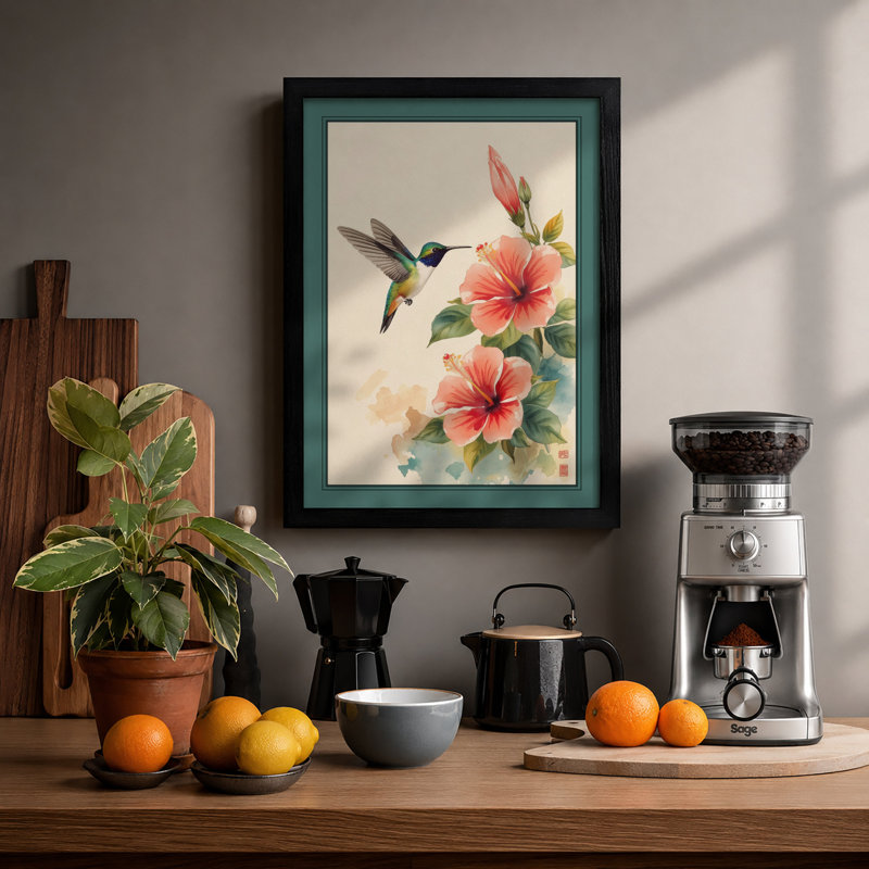 Hummingbird and Coral Blooms Botanical - Framed Print, A2 - 59.4 x 42.0 cm, Black