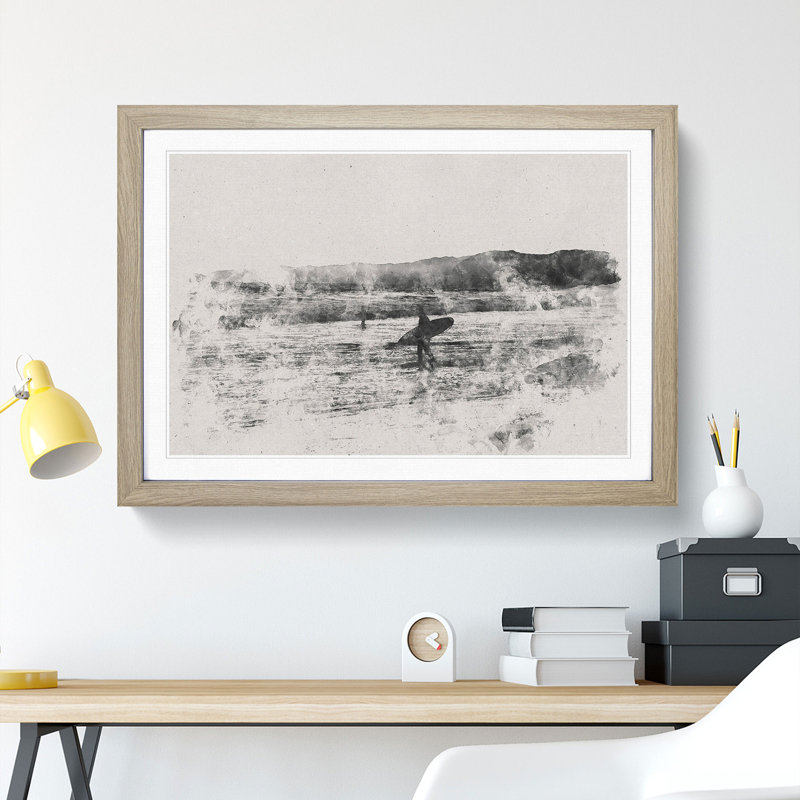 Two Surfers - Picture Frame Graphic Art, Oak, 27cm H x 36cm W x 2cm D