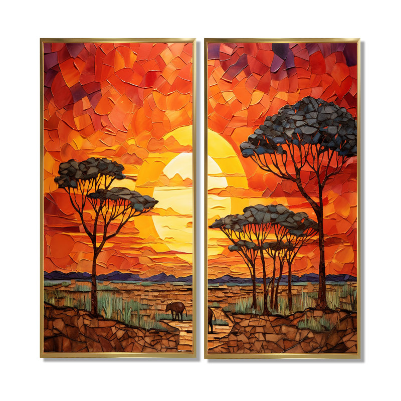 Savannah Sunset in African Safari Hues 2 - art mural mosaïque géométrique sur toile, 20" H x 24" W, Gold