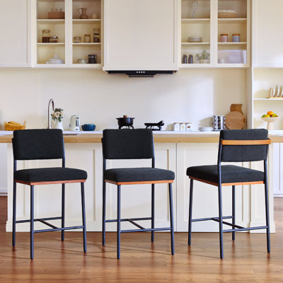 Ensemble de tabourets de bar en lin de 3,26 pouces de hauteur moderne pour îlot de cuisine, tabourets de comptoir avec dossier large et pieds en métal robustes, noir