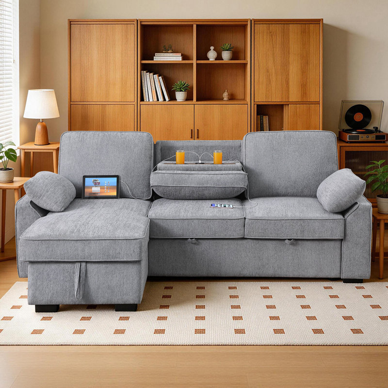 92" Convertible Sleeper Sofa Bed Chenille Sectional Pull Out Couch With Reversible Storage Chaise & Cup Holders & Charging Station