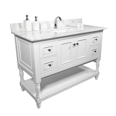Dessus de meuble-lavabo de salle de bain 43X22 - Proche proximité en marbre blanc pierre d'ingénierie avec lavabo encastré en céramique rectangulaire et robinet à dosseret