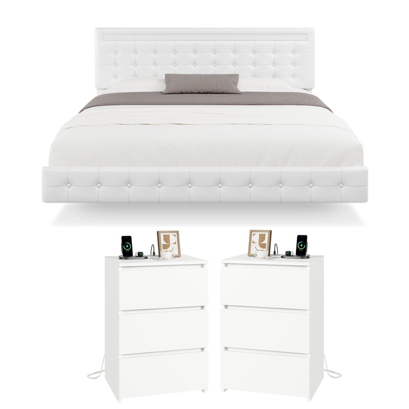 Ensemble de chambre à coucher avec lit rembourré Kinzli, Très grand, Blanc