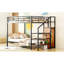 Lit superposé double au-dessus d'un lit double en métal avec rangement latéral et espace pour s'habiller, lit noir pour économiser de l'espace, conception, lit pour dormir en toute sécurité, conception du cintre de l'escalier, matériau de construction, arrangement-386553195