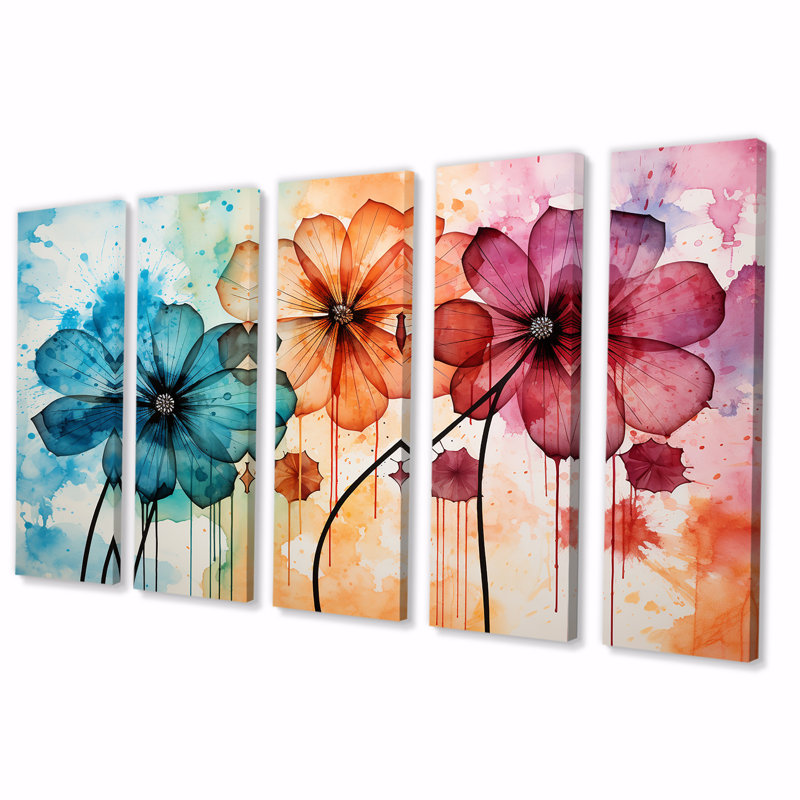 Aquarelle fleurs sauvages, "Wander Meadow" - ensemble d'art mural 5 pièces fleurs sauvages, H 28 po x l 60 po