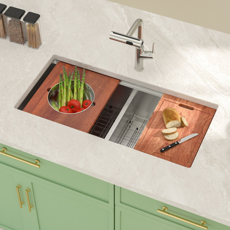 Évier de cuisine encastrable en acier inoxydable avec cuve à mélanger et planche à découper L 39 po x l 19 po, évier de cuisine à double cuve 50/50 avec accessoires