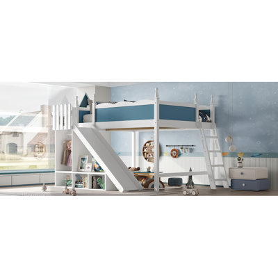 Queen Loft Bed With Storage Shelves And Wardrobe, Solid Wood Loft Beds With Detachable Slide And Ladders, No Spring Box Needed,Blue And White (Patent Protection)
