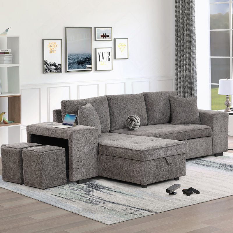 L-Shape 3 Seat Reversible Sectional Couch, Pull Out Sleeper Sofa With Storage, Knox Charcoal Linen Blend
