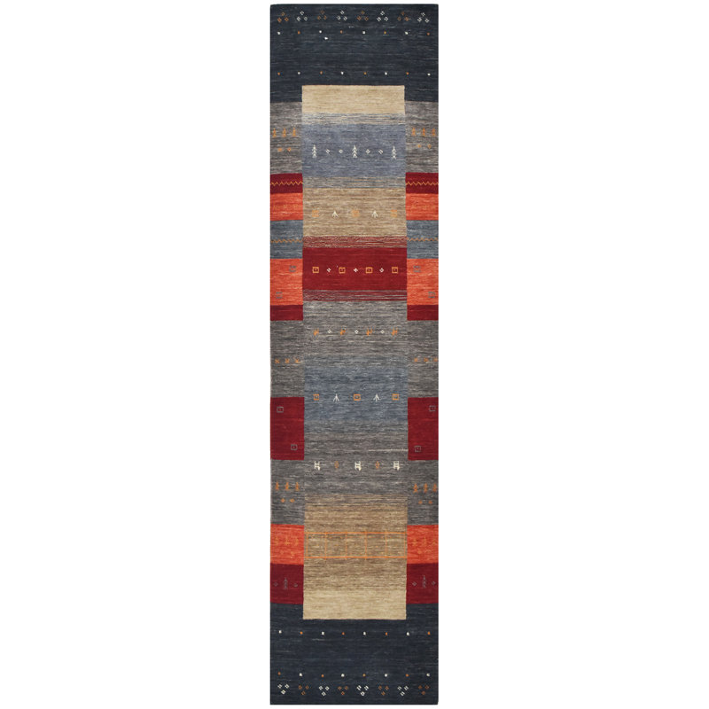 Hand Knotted Wool Area Rug in Black/Gray/Red/Beige, Runner 2'6" x 10'