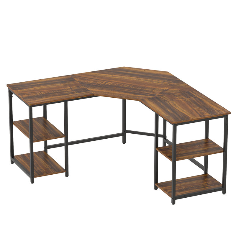 56.9" L Shaped Desk with Shelves Corner Computer Desk Large Table, Teak/Black