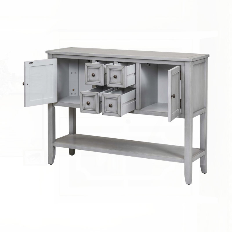 Console rétro avec 4 tiroirs, 2 armoires et une tablette inférieure, Gris
