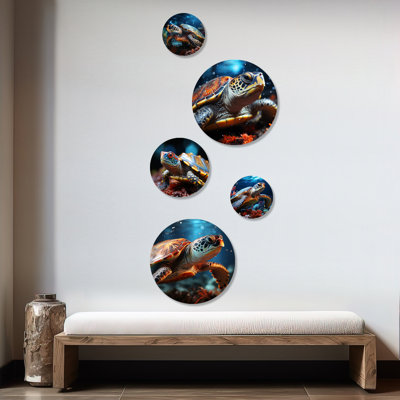 Abstrait Harmony - Tortue, ensemble d'art mural rond de 5 tortues