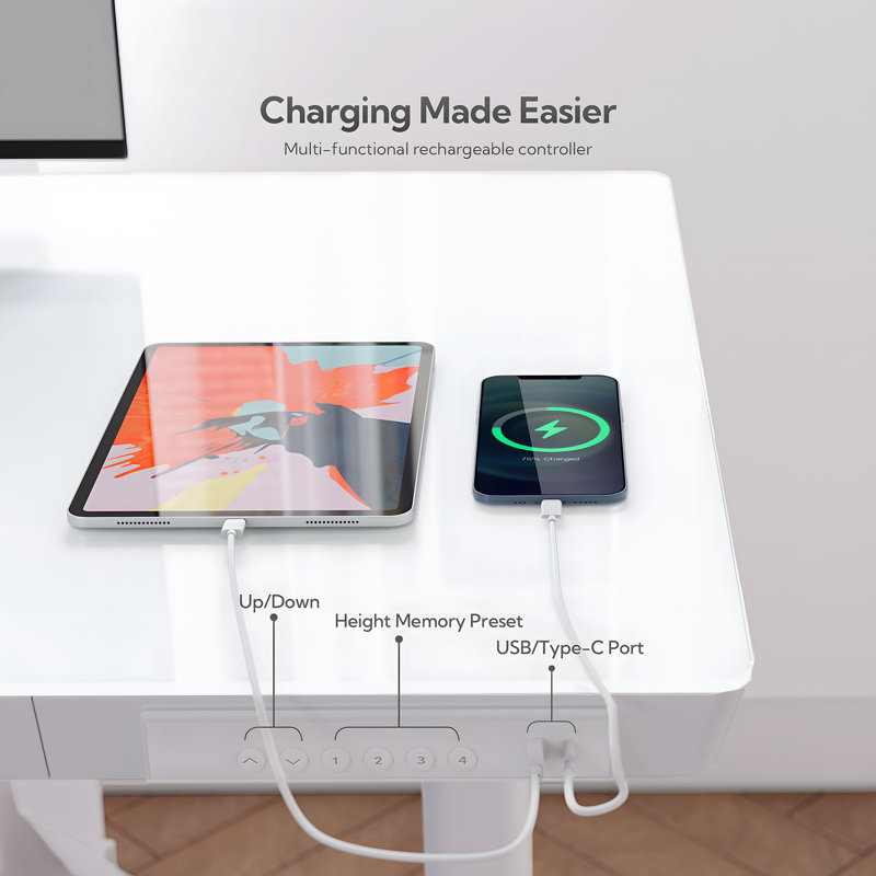 Tempered Glass Top Height Adjustable Standing Desk, Computer Desk with Drawer and USB Charge, 46.5" H x 48" W x 24" D, White