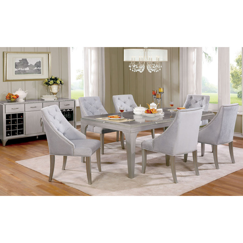 83.6" W Transitional Dining Table, Silver/Gray