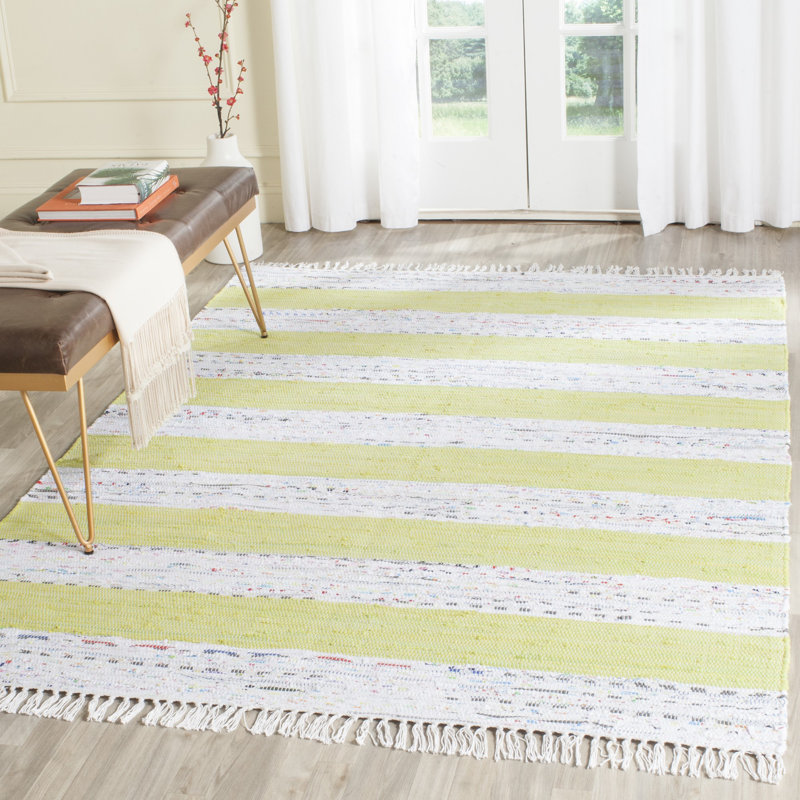 Tapis rayé en coton tissé à plat à la main ivoire / vert Yokum, Rectangle 8 pi x 10 pi