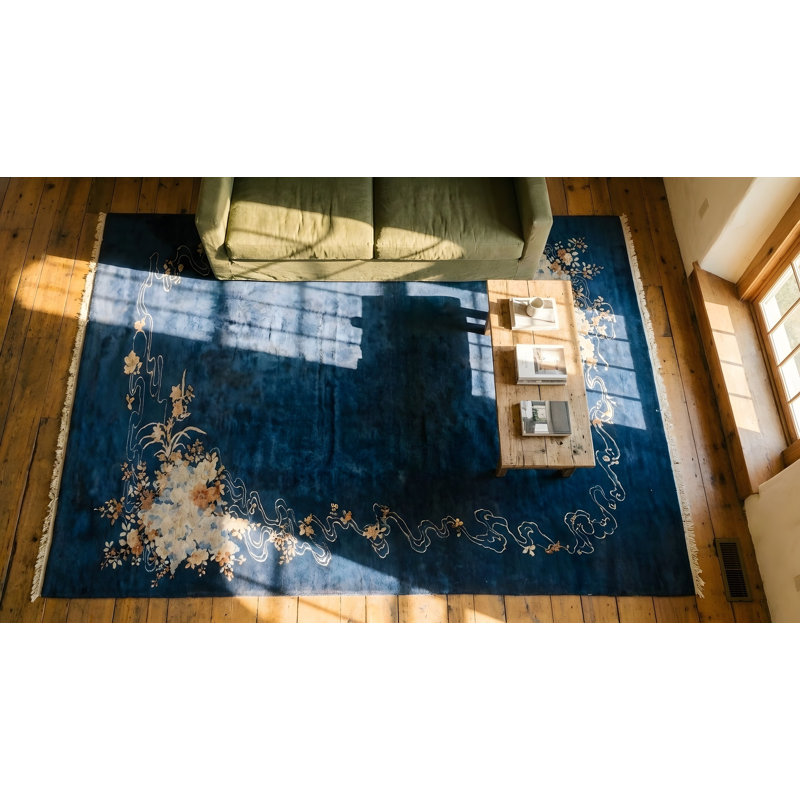 Antique Wool Hand Knotted Pile Blue 1920s Rug