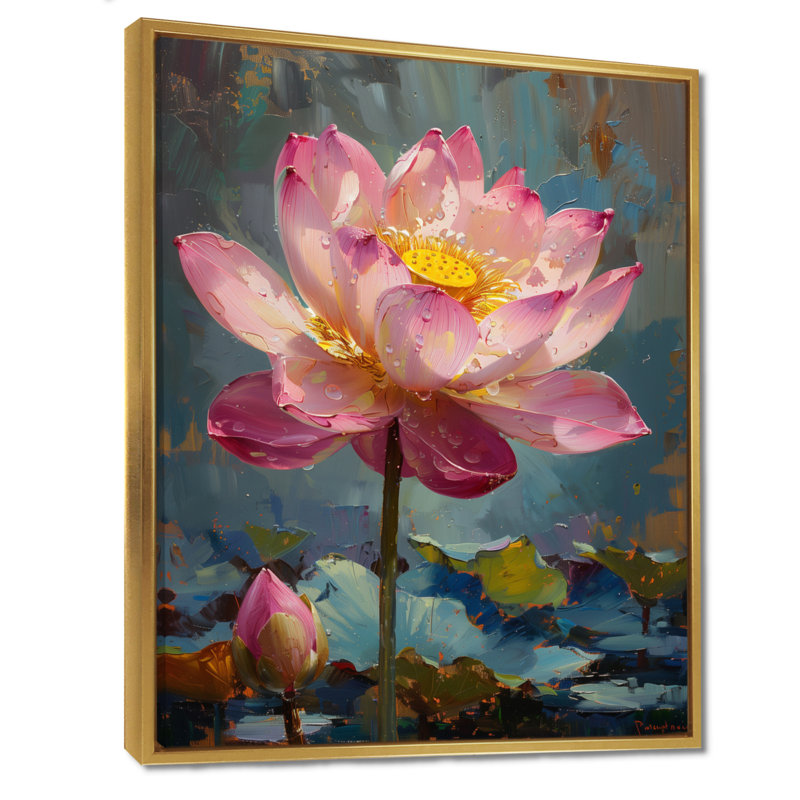 Décoration de lotus rose et gris - étang de lotus, H 12 po x l 20 po, Cadre flottant doré