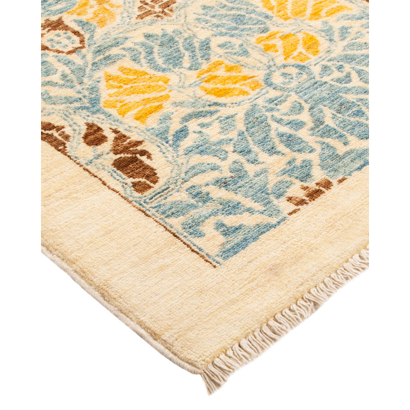 Ivory and Blue Hand-Knotted Wool Damask Area Rug
