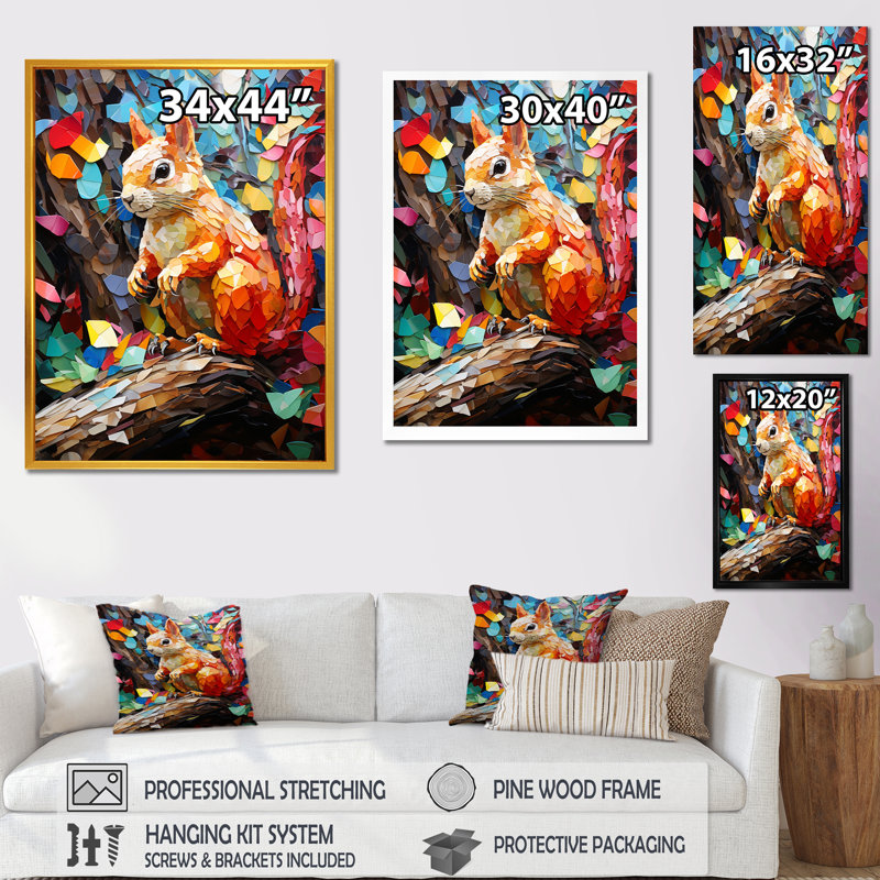 Collage coloré écureuil délice - Écureuil, art mural animal, Cadre simple noir, H 32 po x l 16 po x P 1 po