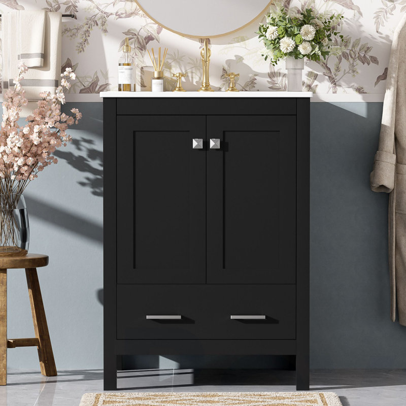 Meuble-lavabo de 24 pouces avec lavabo encastré intégré et armoire de rangement avec 2 portes et 1 tiroir. Comprend une tablette de porte à double couche, une conception à fermeture en douceur et des solutions de rangement polyvalentes