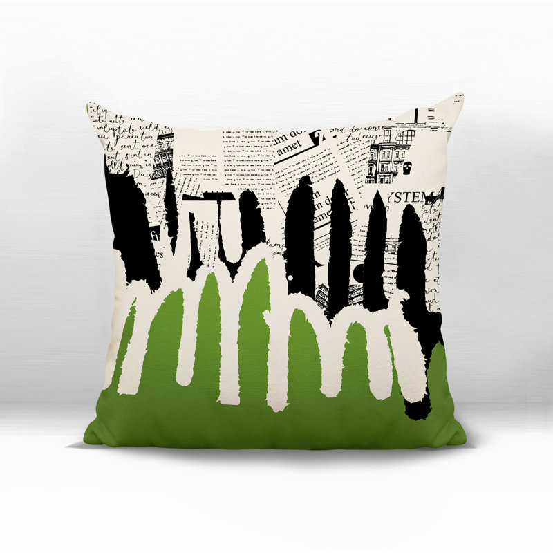 Oreiller carré réversible intérieur / extérieur Kisha, Chartreuse / noir / blanc cassé abstrait, H 15 po x l 15 po