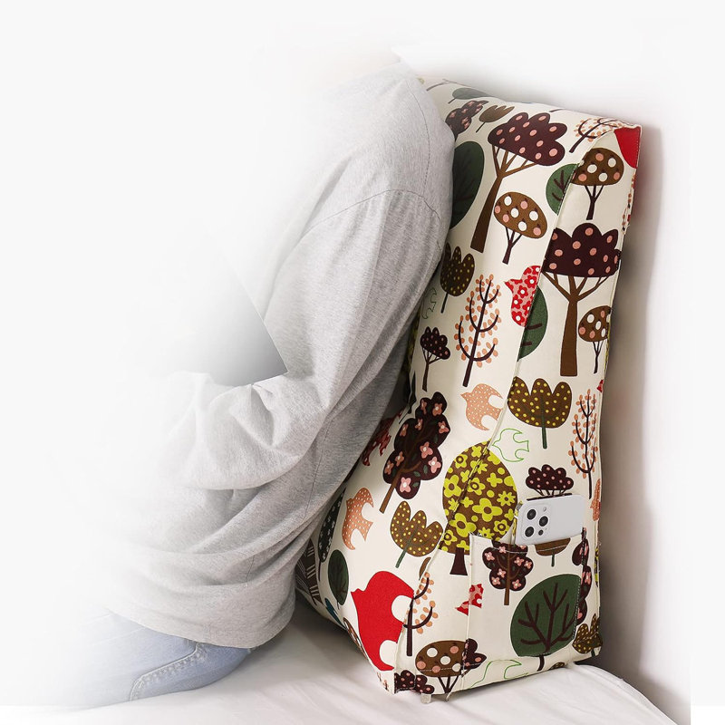 Contoured Wedge Pillow Back Support for lounging or Reading in Bed, Beige/Green/Dark Brown Forest
