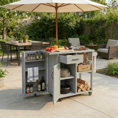 Îlot de cuisine en bois de sapin massif et station de préparation pour barbecue avec plateau en acier inoxydable