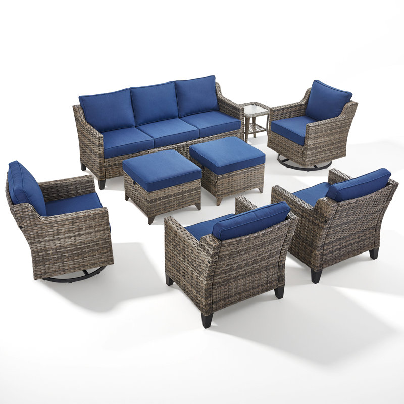 Harperayne 8-Piece Patio Conversation Set With Cushions, Outdoor Wicker Sofa With Swivel Gliders, Armchairs, Ottomans And Side Table