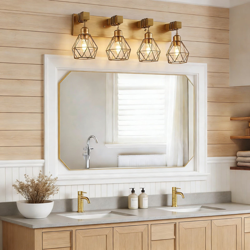 Farmhouse Vanity Light Fixture With Metal Shade And Wood Accents, 4-Light Antique Brass Wall Sconce For Bathroom, Bedroom, And Hallway