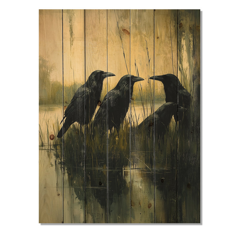 «Dark Crows By The Farm Pond», art mural en bois d'oiseau - sur bois de pin naturel, H 40 po x l 30 po x P 0,78 po